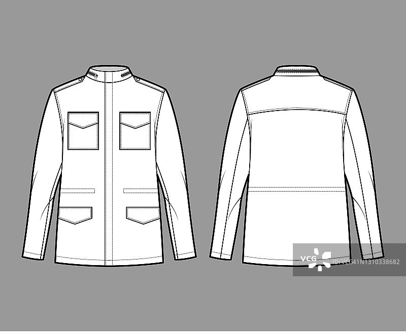 M-65野外夹克技术时尚插图超大，立领，皮兜，襟翼口袋，肩章图片素材