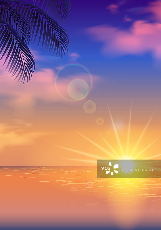 矢量插图背景傍晚的海，太阳和剪影棕榈树(景观)图片素材