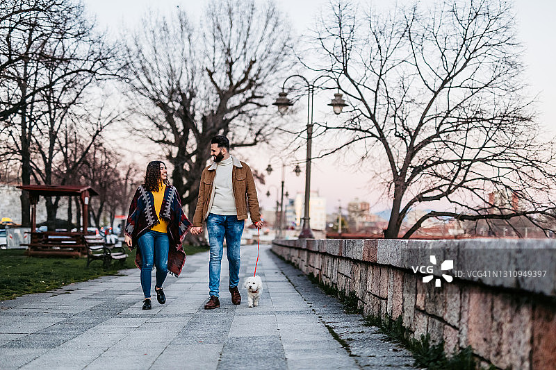 一对夫妇带着狗在公园散步图片素材
