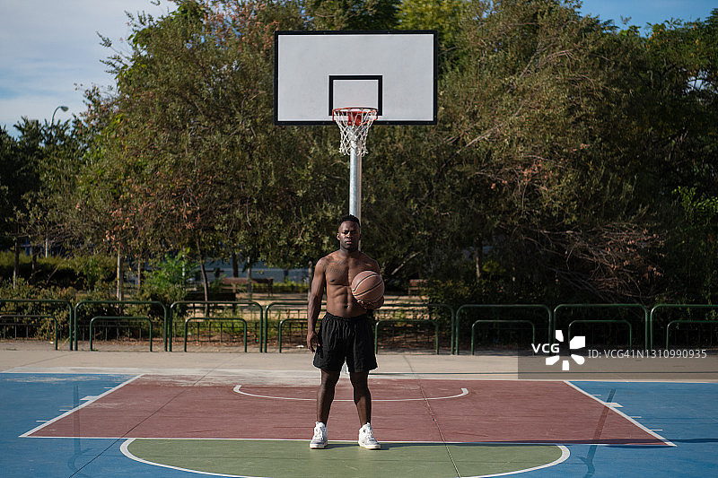 赤膊黑人靠近篮球框图片素材