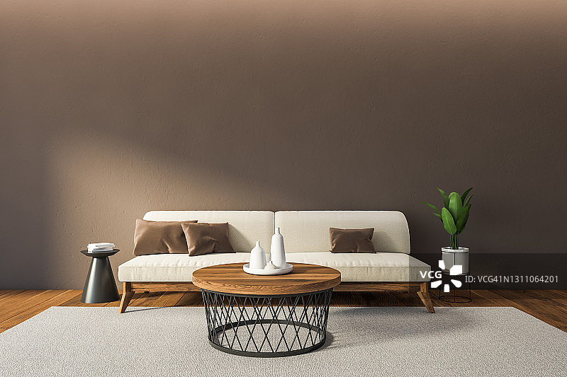 拷贝空间和白色沙发在客厅内部的咖啡桌和植物图片素材