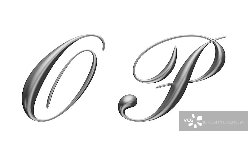 3d字母表，大写金属字母，o p，白色背景，3d插图图片素材