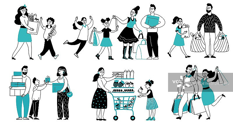 家庭购物。消费者在超市买东西，人们跑去购物。女人消费，购物者用购物车买像样的商品矢量人物图片素材