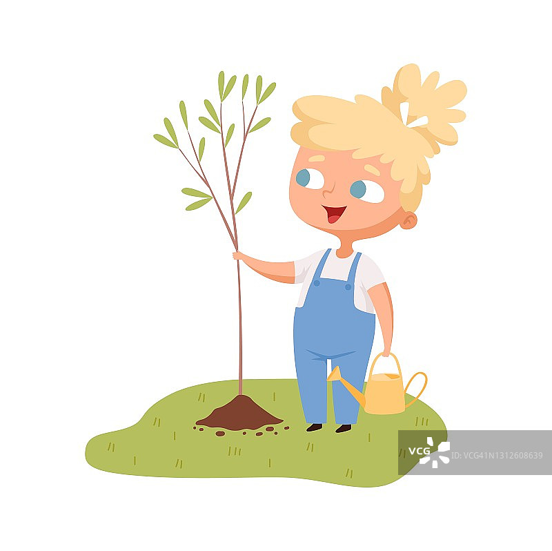 女孩种了树。快乐的宝宝与植物的插枝，园艺和植物生长的爱好。拯救地球，生态矢量插画图片素材
