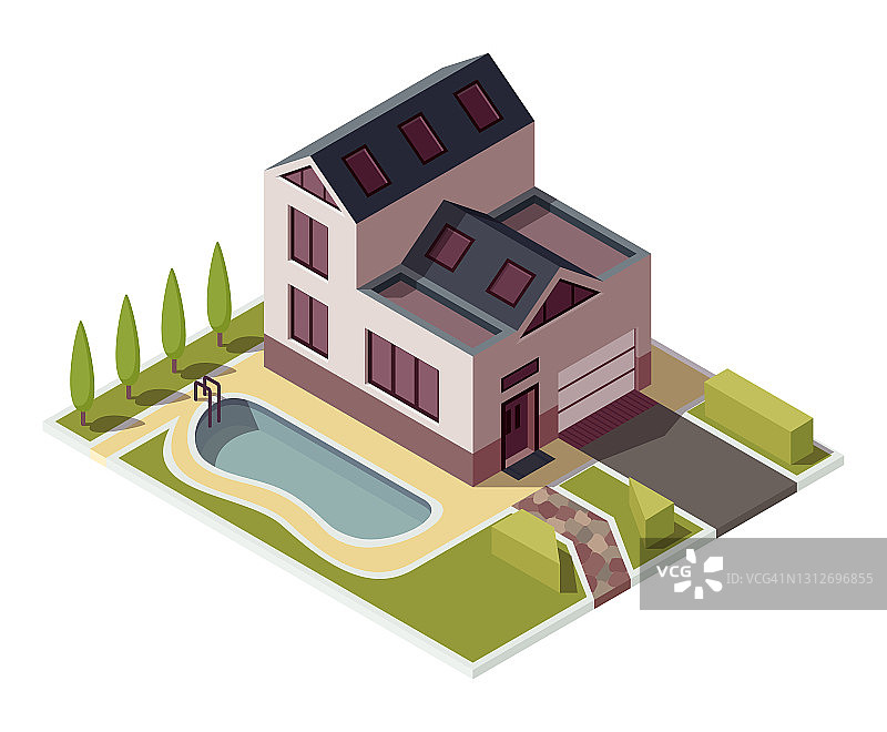 等距小屋。为信息图或游戏设计建造私人空间。家与区、景观设计元素与池。代表郊区建筑的信息图表元素图片素材