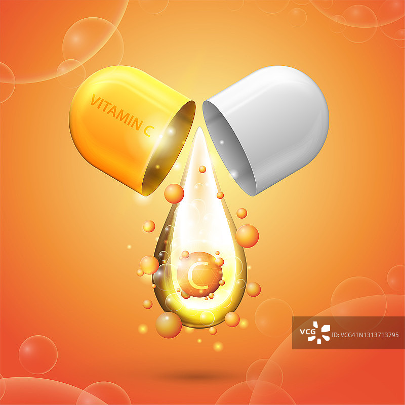 白色和橙色药丸胶囊与滴维生素C橙色海报与抽象维生素C图片素材