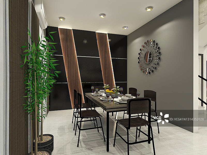 工业和现代风格的餐厅设计与墙面板和照明装饰图片素材