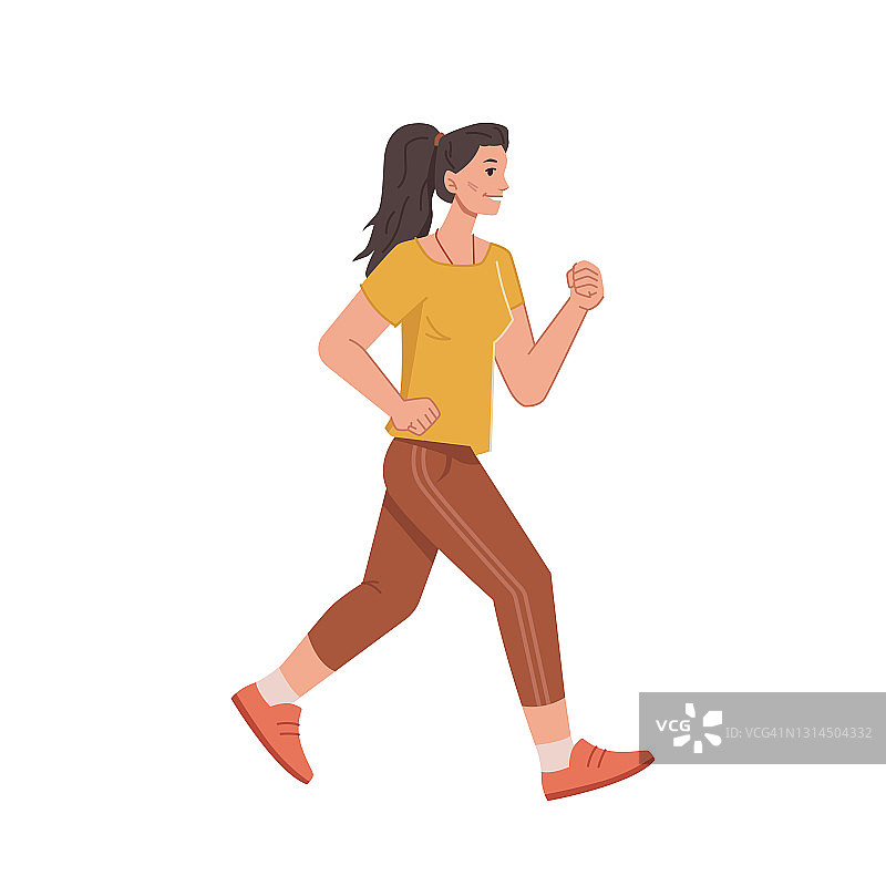 慢跑女子在休闲服装孤立卡通风格的人物，跑步女子马尾辫，侧视。矢量女性运动训练。穿着制服的运动型慢跑者，跑步锻炼，运动图片素材