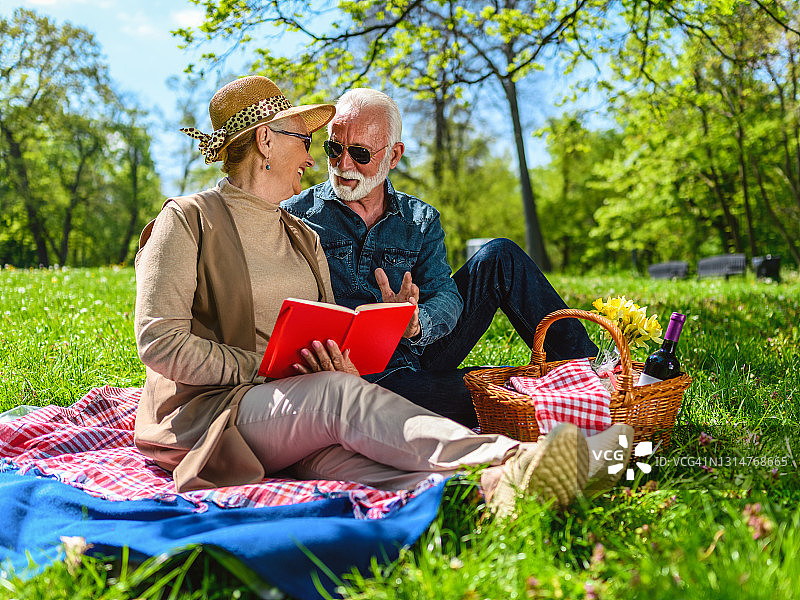 一对老年夫妇一边看书，一边享受野餐图片素材