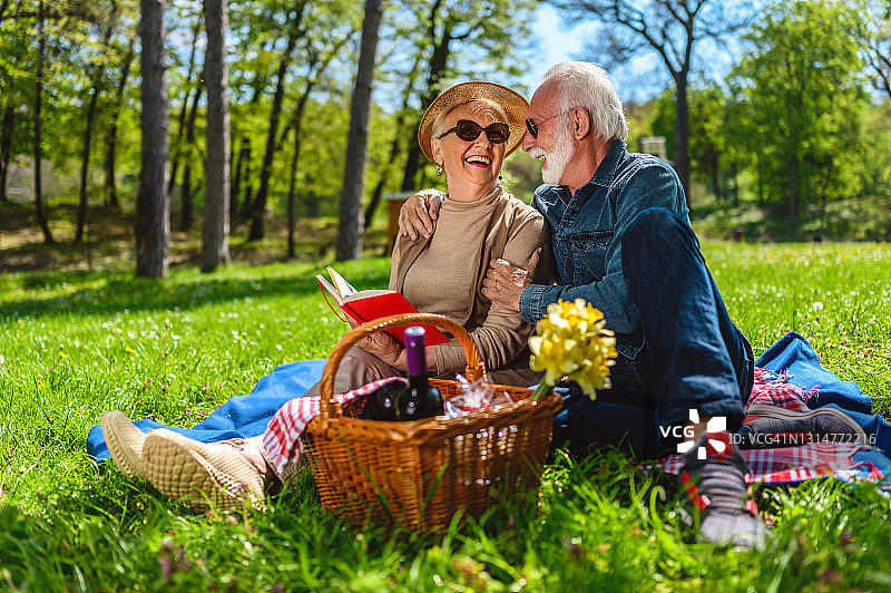一对老年夫妇一边看书，一边享受野餐图片素材