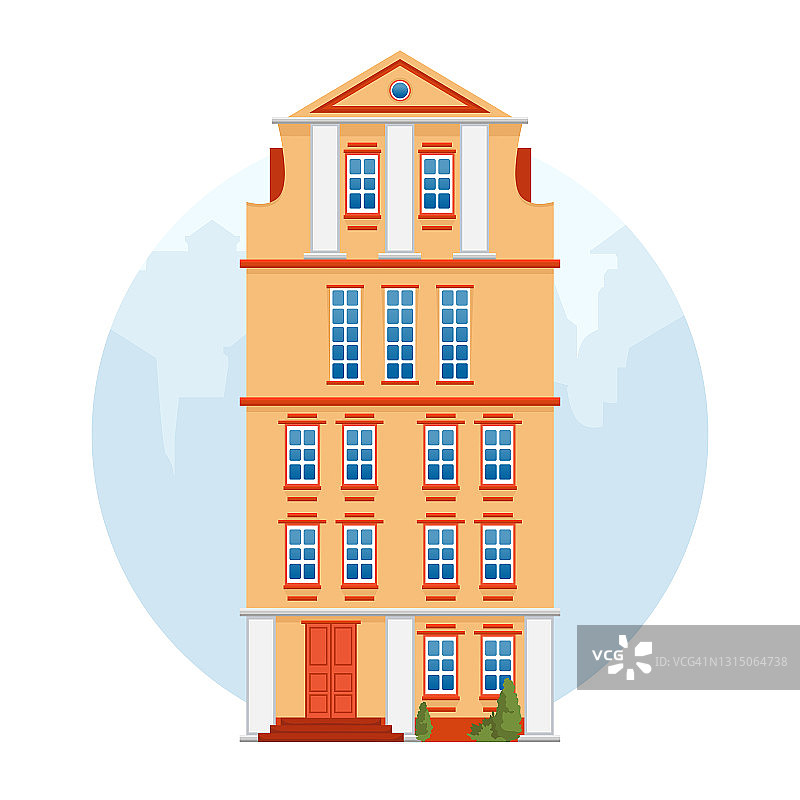 欧式色彩鲜艳的老房子。荷兰的风格。黄色的历史性的外观。荷兰或波兰的传统建筑。矢量插图平面卡通风格。旧城的建筑在白色的孤立背景上。图片素材