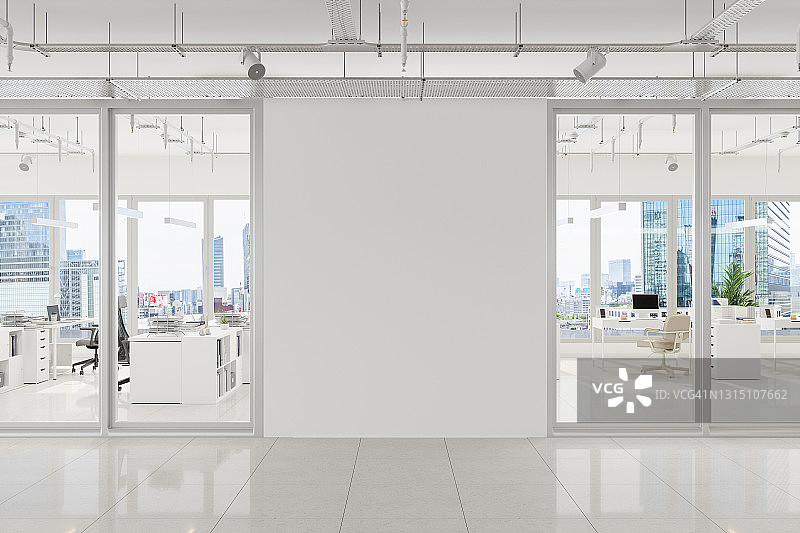现代开放式办公室与白色空白墙和城市景观背景图片素材