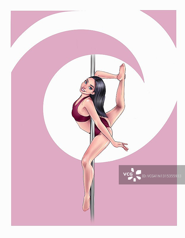 一个艺术体操舞蹈女孩的插图在一个抽象的粉红色背景在卡通风格的杆子上图片素材