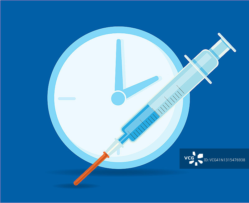 Covid-19流感病毒疫苗注射器和图标与时钟预约时间图片素材