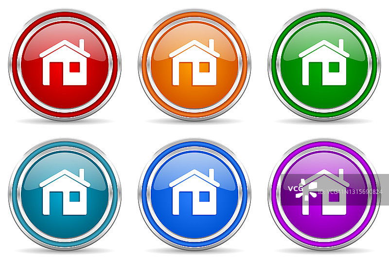 房子，家庭银色金属光泽图标，一套现代设计按钮，为网络，互联网和移动应用程序在6种颜色的选择孤立在白色背景图片素材