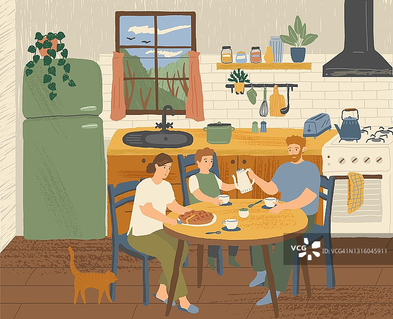 幸福的一家人在厨房里吃早餐。现代厨房室内手绘矢量插图。斯堪的纳维亚卡通风格的餐桌。舒适的hygge设计图片素材