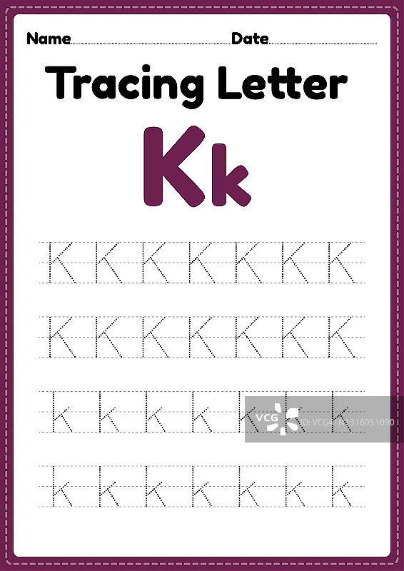 为幼儿园和学前班的孩子追踪字母k的字母表工作表图片素材