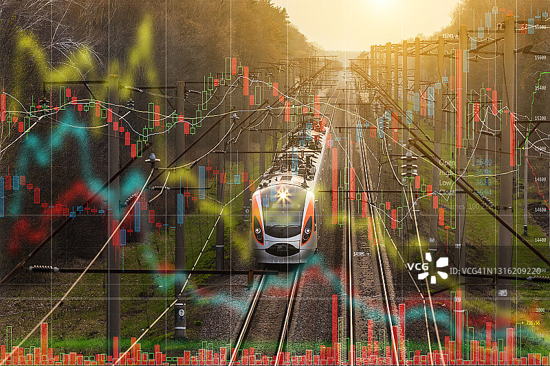 列车上的铁路上的股票图表背景。铁路旅客运输图片素材