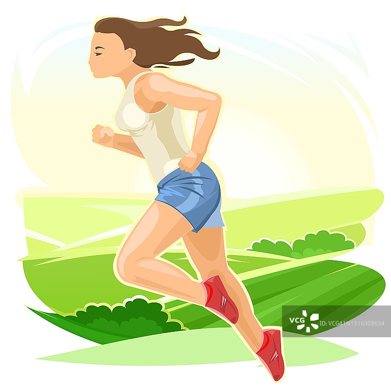 女孩跑。体育运行。健康的生活方式。平的卡通风格。一位女跑步运动员正在乡村风景的背景下锻炼。孤立。向量图片素材