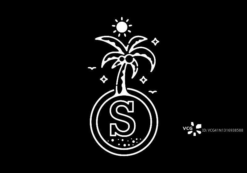 白色黑色线艺术插图的椰子树在海滩上与S首字母设计图片素材