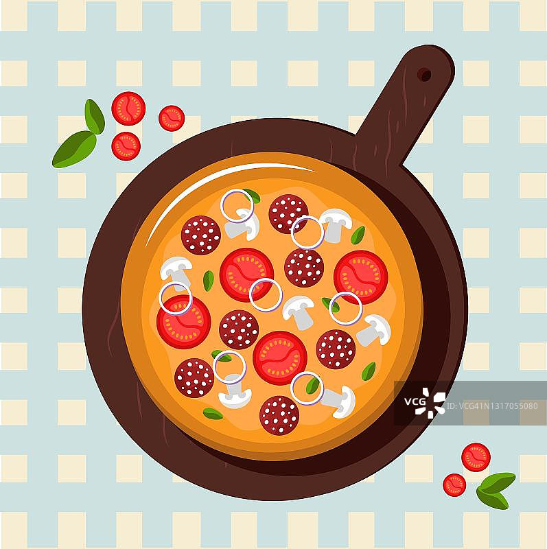 新鲜的披萨，有西红柿，蘑菇，奶酪，香肠，洋葱，罗勒。传统的意大利快餐。食物从上到下。欧洲的开胃菜。矢量插图。图片素材