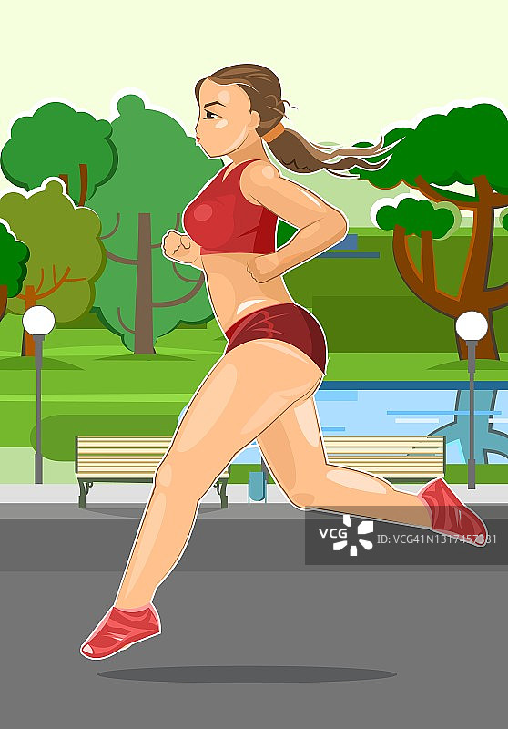 一个胖女孩跑步是为了减肥。体育运行。健康的生活方式。平的卡通风格。一位丰满的女子跑步者在市区的一个公园里训练。向量图片素材