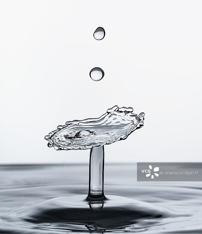 蓝色水滴的碰撞(水蘑菇)，在白色的背景图片素材