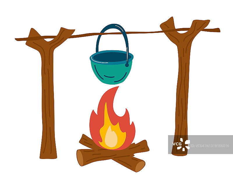 在篝火上烹饪。远足食物在坩埚。挂在木头上的带汤的野营锅。户外的食物。火上的锅。设计，网页，图形，印刷。森林的生活方式。矢量插图。图片素材