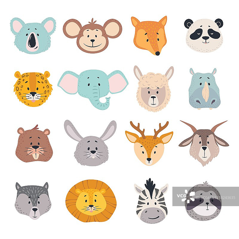 动物的头。考拉、猴子、狐狸、斑马的卡通脸。可爱的熊猫，鹿和狮子，鹿和兔子，美洲虎向量动物园阿凡达图片素材