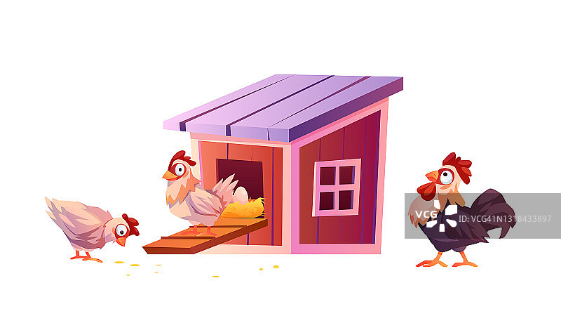 鸡舍，卡通鸡舍，隔离鸡和公鸡。病媒小鸡在巢中携带蛋，母鸡农场插图。家禽饲养场，家鸟舍。鸡舍，养鸡农业概念图片素材