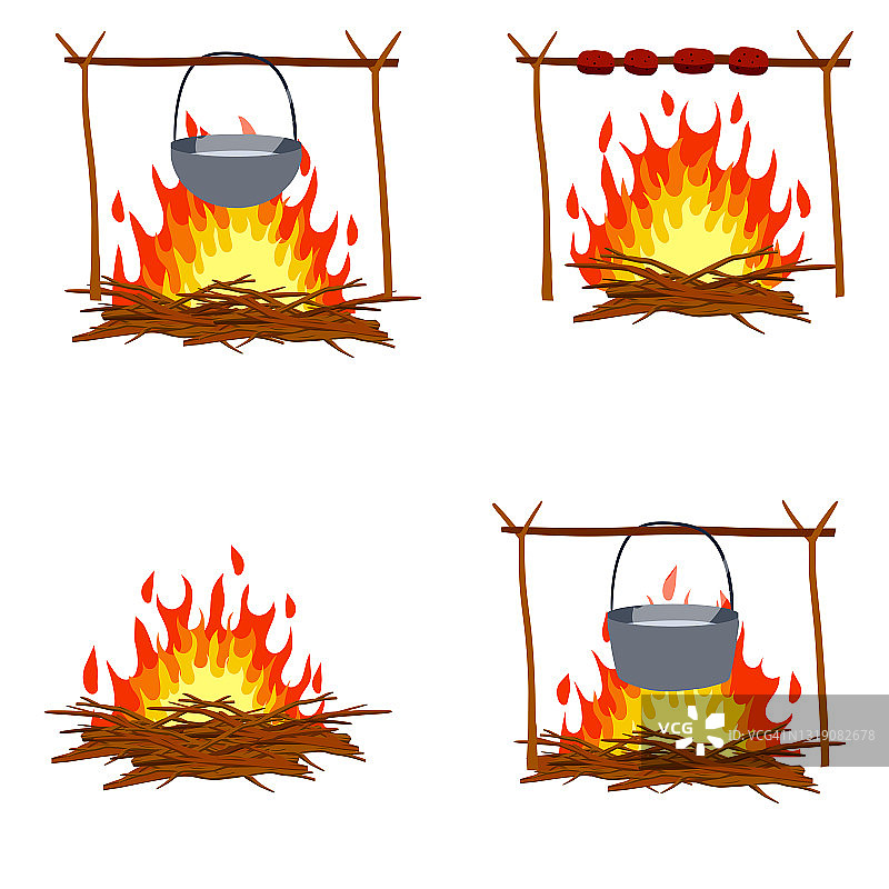 用树枝和石头生火。卡通平面插图。在竞选中做菜。用锅子营火。在营地里烧水和准备食物图片素材