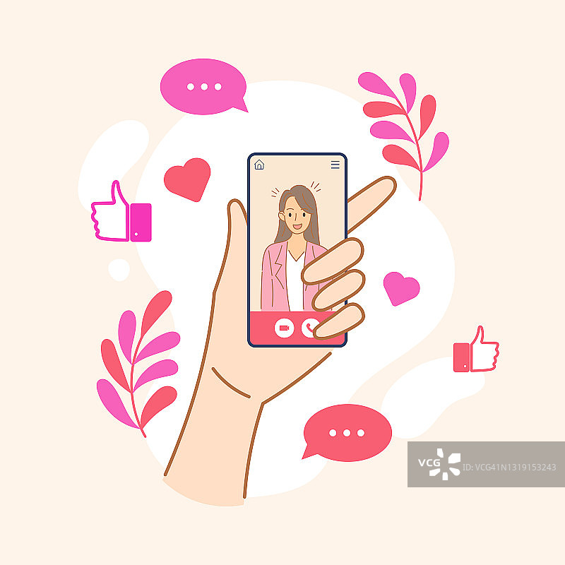 手持智能手机与年轻女性在屏幕上视频通话的概念。图片素材