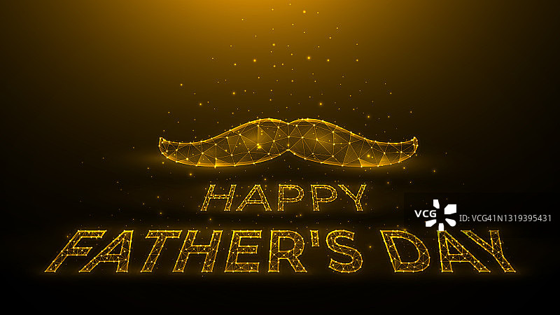 父亲节快乐多边形矢量插图在深黄色的背景，胡子和字母从点和线。节日横幅、模板或明信片图片素材