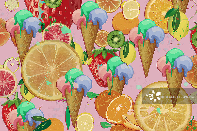 无缝图案的冰淇淋在一个蛋筒和水果图片素材