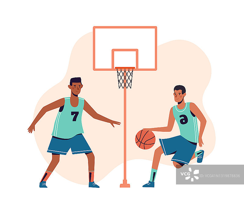 男人们在打篮球。平面设计的概念与男孩谁去运动打球。在白色背景上的运动员的矢量插图。图片素材