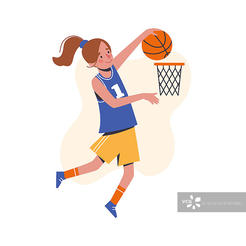 女孩把一个篮球扔进了篮子里。平面设计理念与可爱的孩子打篮球。矢量插图孤立在白色背景。图片素材