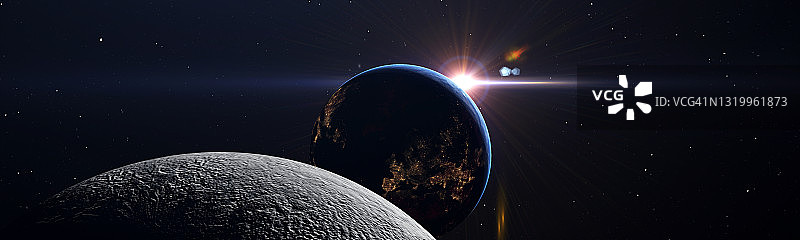 概念月食在太空与太阳、地球和月球排成一线图片素材