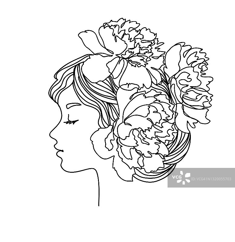 头发上插着牡丹花的女子侧影。描绘女性美的概念。连续线绘制矢量插图图片素材