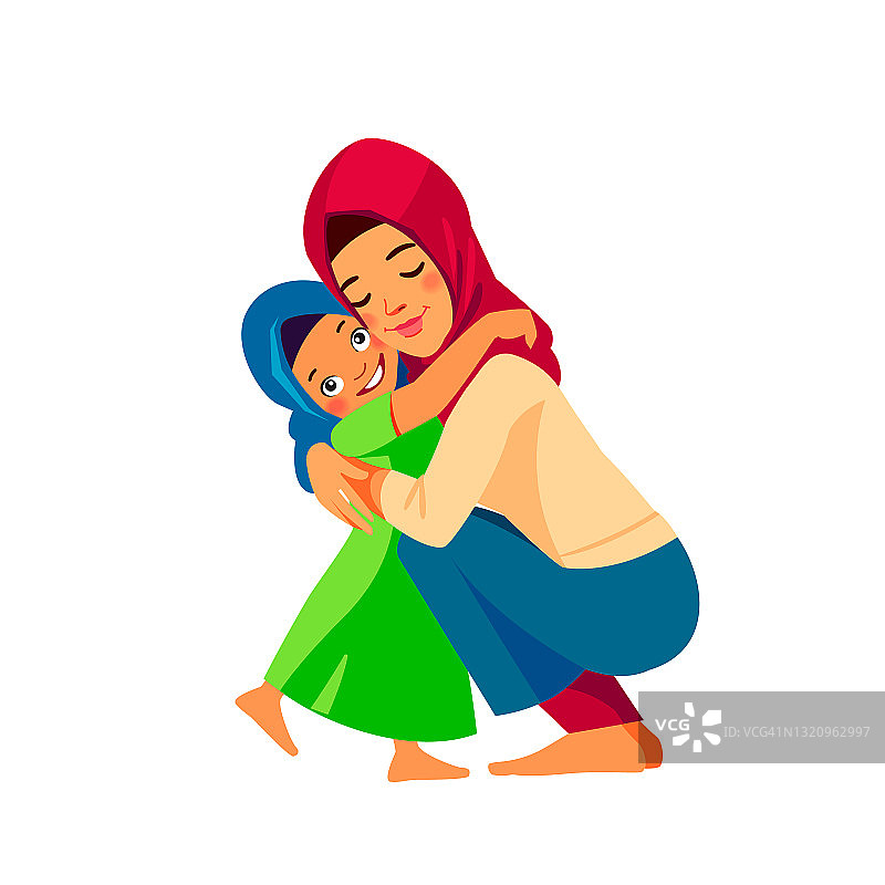 穆斯林母亲和孩子。妈妈用极大的爱和温柔拥抱着她的女儿。母亲节，节日概念。卡通平面孤立矢量设计图片素材