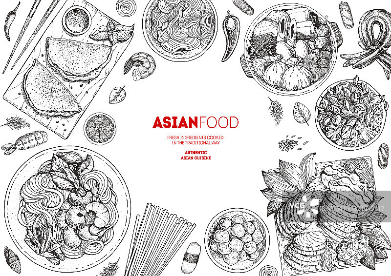 亚洲美食小品收藏。手绘矢量插图。美食菜单设计模板，刻字元素。亚洲食品。图片素材