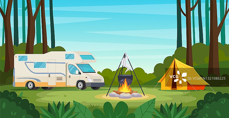 森林夏令营，有篝火，帐篷，背包图片素材