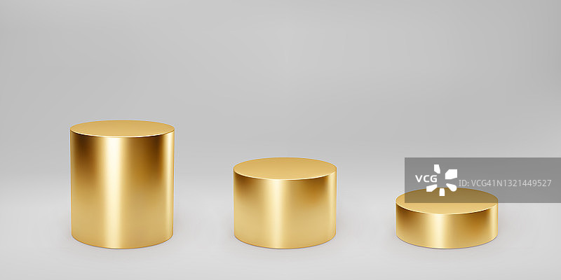 金色3d圆筒设置前视图和水平与透视孤立在灰色背景。圆柱柱，金管，博物馆舞台，基座或产品平台。三维基本几何形状矢量图片素材