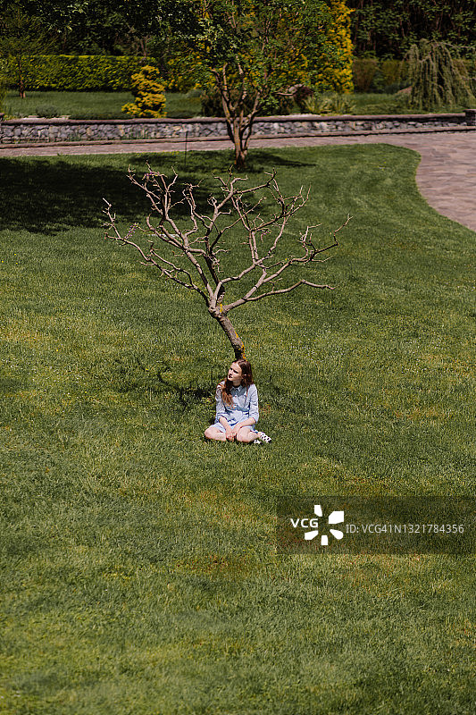 爱做梦的女孩坐在寂寞的树下图片素材