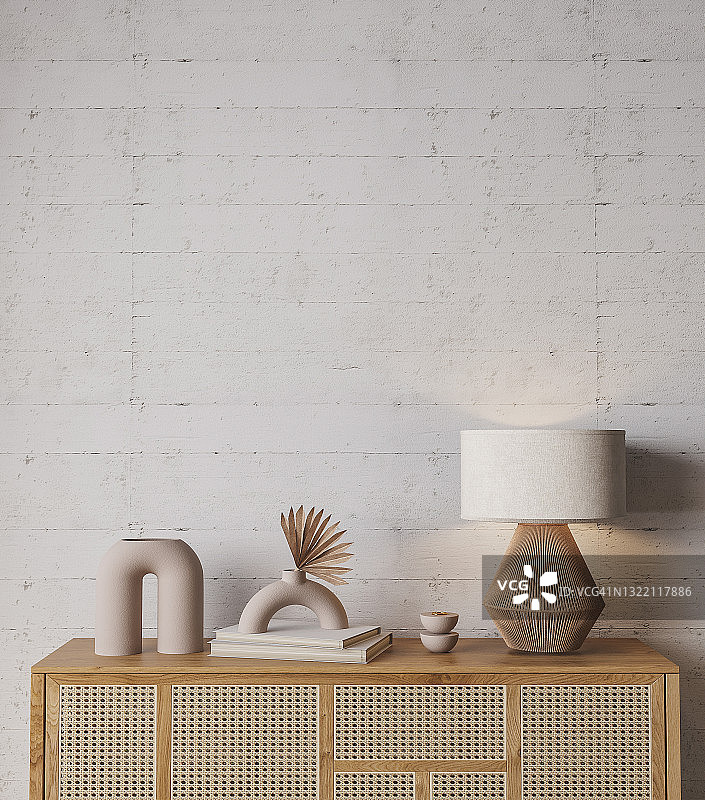 家居室内背景采用天然木制家具，斯堪的纳维亚风格图片素材