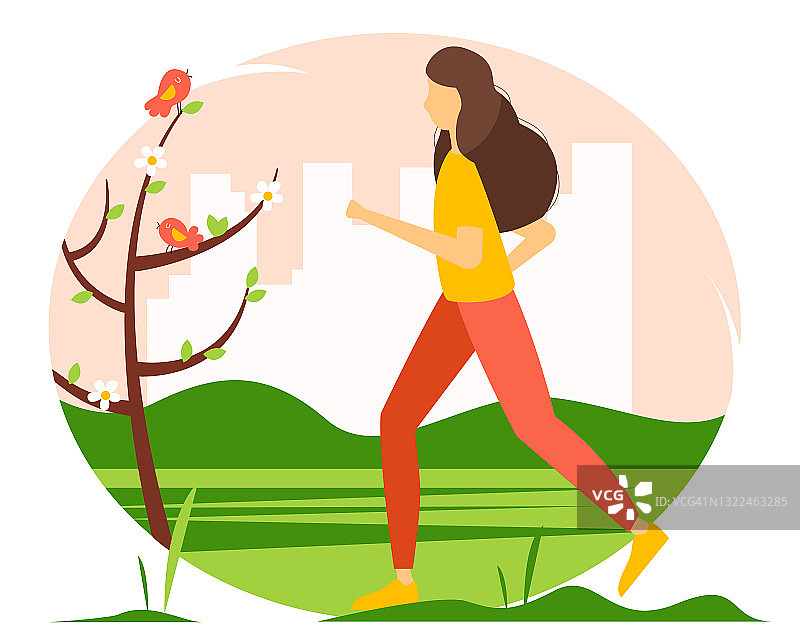 健康的生活方式，运动和慢跑的概念插图。春天在公园里跑步的女人。可爱的插图在平坦的风格。图片素材