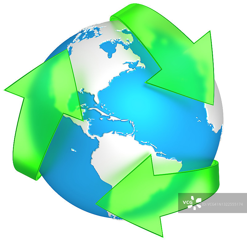 绿色的循环符号和蓝色的地球隔离在白色的背景。3 d演示。剪切路径包括。图片素材