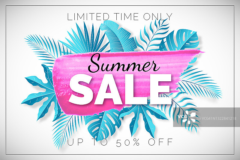 夏季销售横横幅与热带树叶图片素材