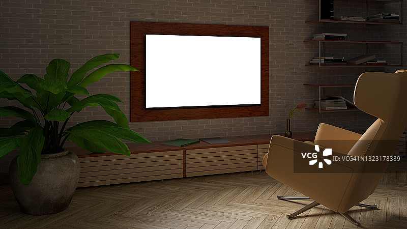 在白色砖墙的客厅里，一个发光的电视屏幕。图片素材
