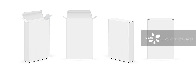一套细长的纸矩形盒子与各种视图，孤立在白色背景图片素材