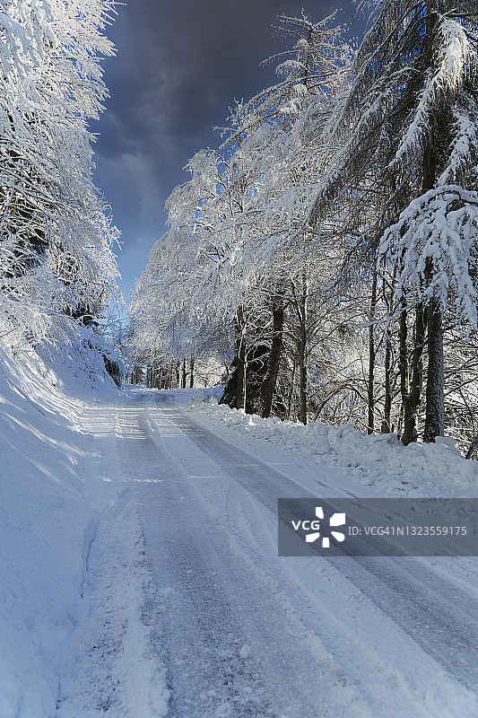 冬天雪覆盖了山上的道路图片素材